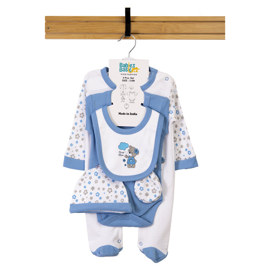 Babiesbasic 5 piece cotton Set include Bib, Romper, Mittens, cap and Sleepsuit- Always be brave, 3-6 Months , Blue