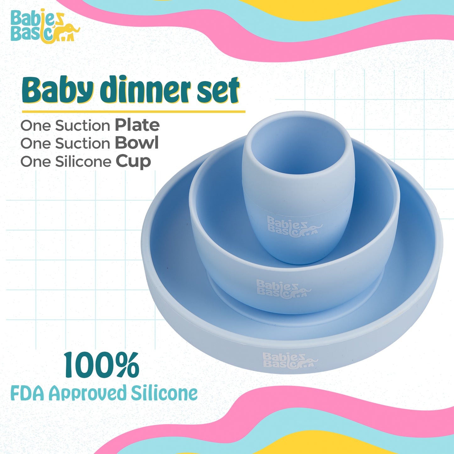 BabiesBasic 5 pc Set with silicone plate, bowl, cup and stainless steel cutlery with case - Blue