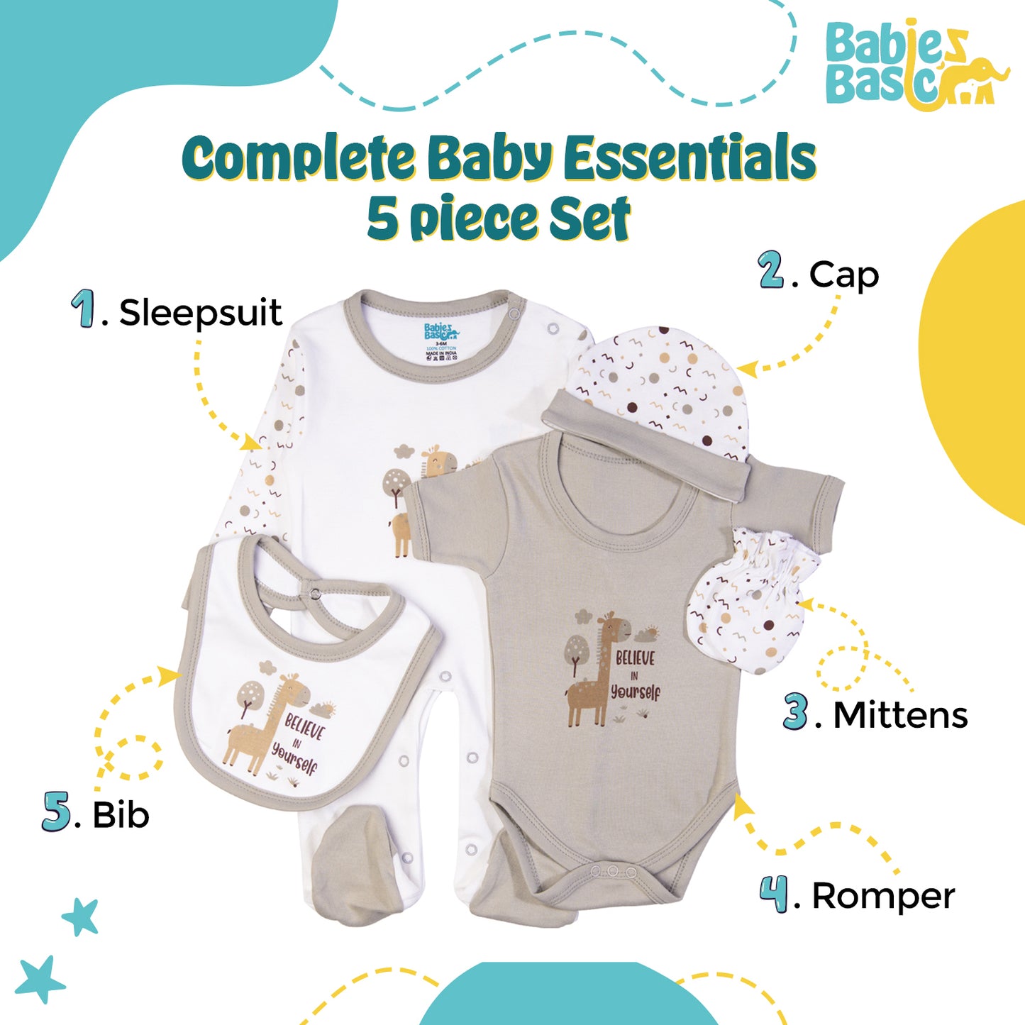 Babiesbasic 5 piece cotton Set include Bib, Romper, Mittens, cap and Sleepsuit- Believe in Yourself, 6-9 Months , Green