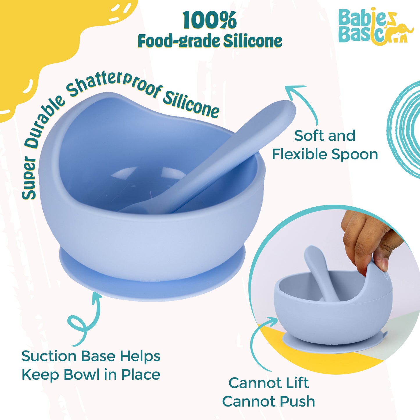 BabiesBasic Feeding Set, 2 Piece Silicone Set with Silicone Suction Bowl and Silicone Spoon - Blue