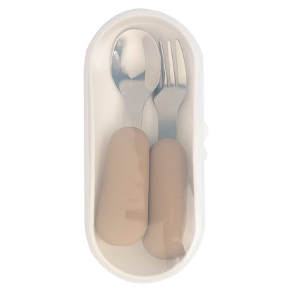 Babies Basic Stainless Steel Cutlery Set with Spoon and Fork with travel case - Cream