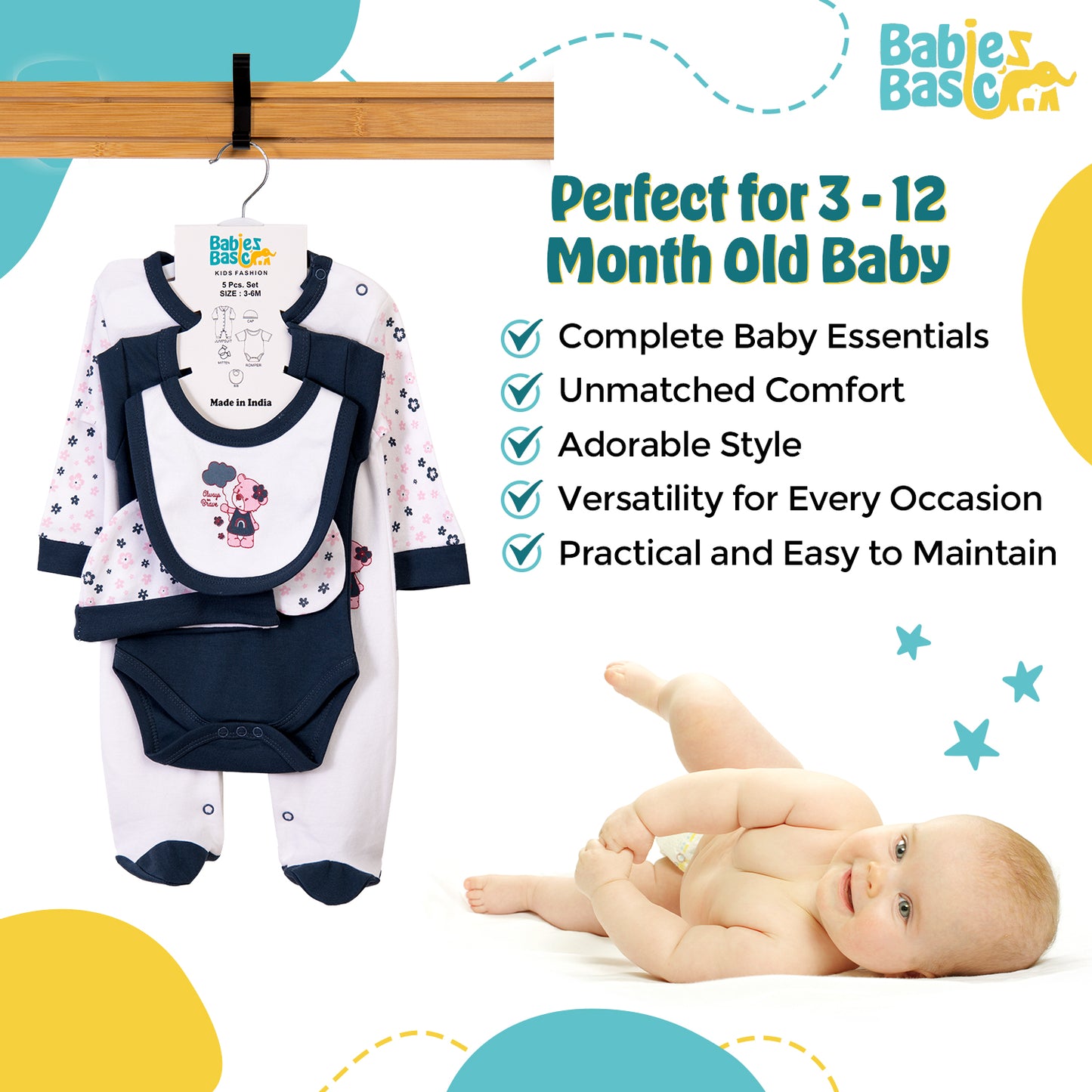 Babiesbasic 5 piece cotton Set include Bib, Romper, Mittens, cap and Sleepsuit- Always be brave, 9-12 Months , Blue