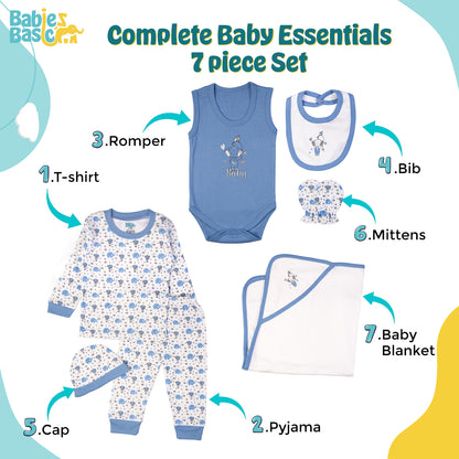 BabiesBasic 7 piece unisex 100% cotton Gift Set include bib, blanket, mitten, cap, romper, top and bottom set, 6-9 Months , Blue