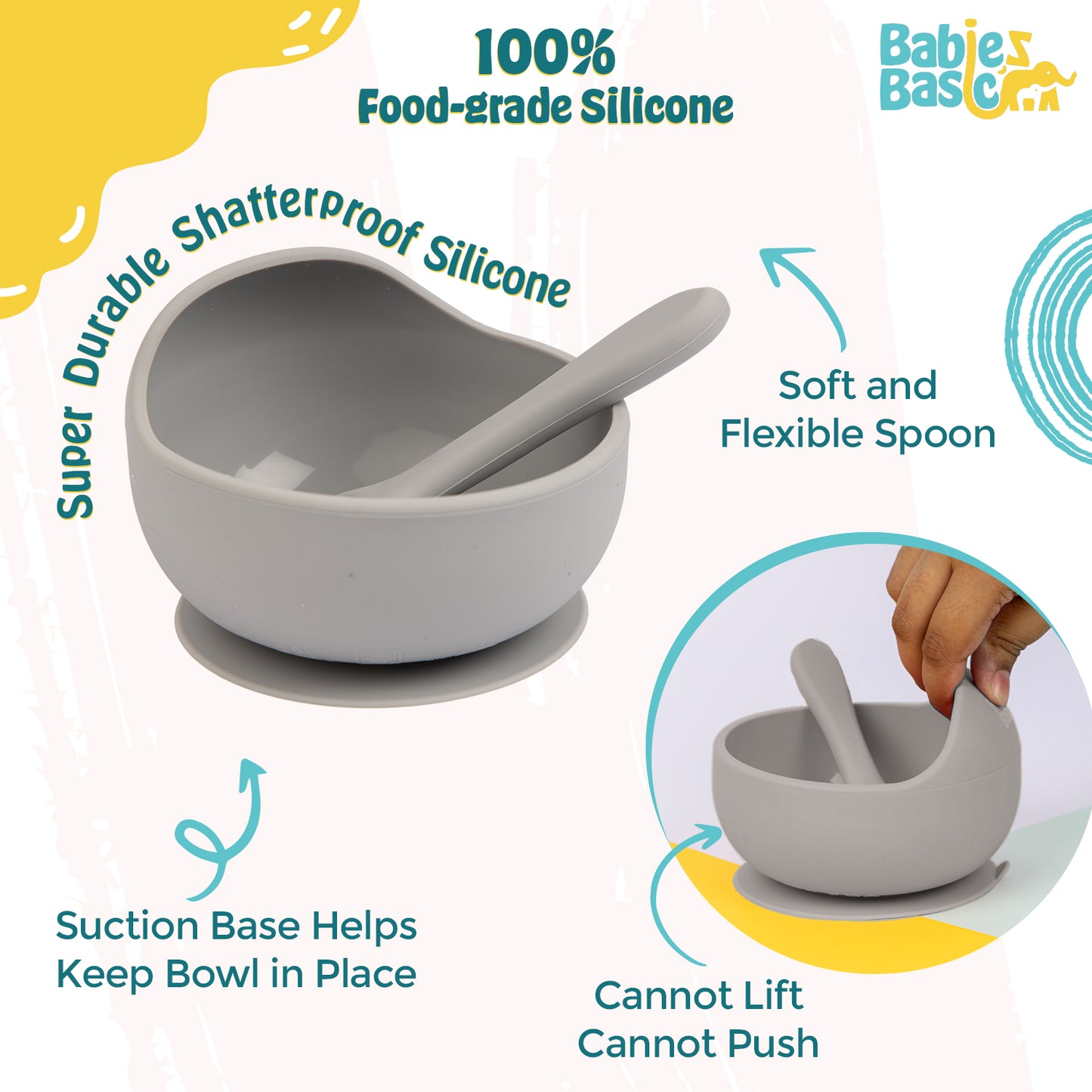 BabiesBasic Feeding Set, 2 Piece Silicone Set with Silicone Suction Bowl and Silicone Spoon - Grey