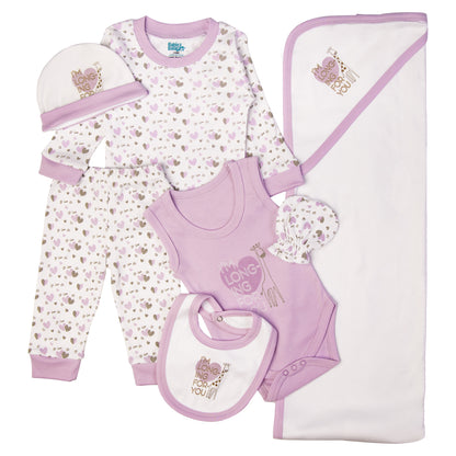 BabiesBasic 7 piece cotton Set include bib, blanket, mitten, cap, romper, top and bottom set, 9-12 Months , Purple