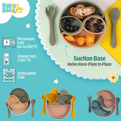 BabiesBasic Feeding Set with removable sections , 3 Piece Set with Silicone Plate, Spoon and Fork - Cream