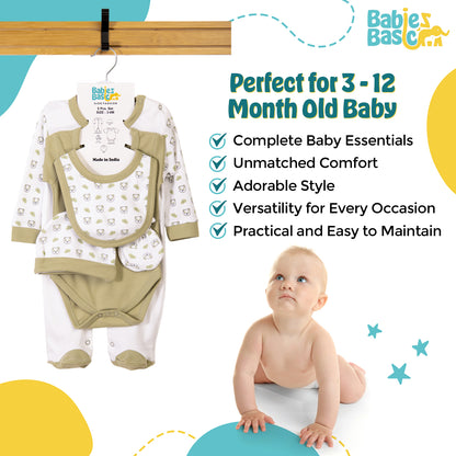 Babiesbasic 5 piece cotton Set include Bib, Romper, Mittens, cap and Sleepsuit- Sleepy Panda, 9-12 Months , Green