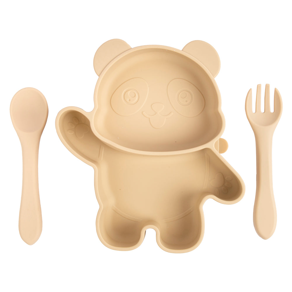 BabiesBasic Feeding Set, 3 Piece, Silicone Feeding Panda Set with Silicone Suction Plate, Spoon and Fork - Beige