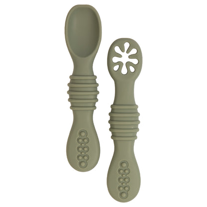 BabiesBasic Soft Tip BPA Free Silicone First Stage Training Spoon with Masher- Bottle Green