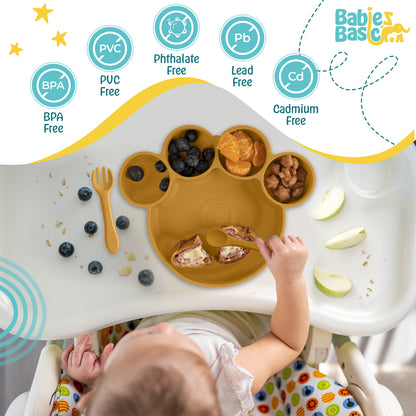 BabiesBasic Feeding Set, 3 Piece, Silicone Feeding Paw Set with Silicone Suction Plate, Spoon and Fork - Yellow