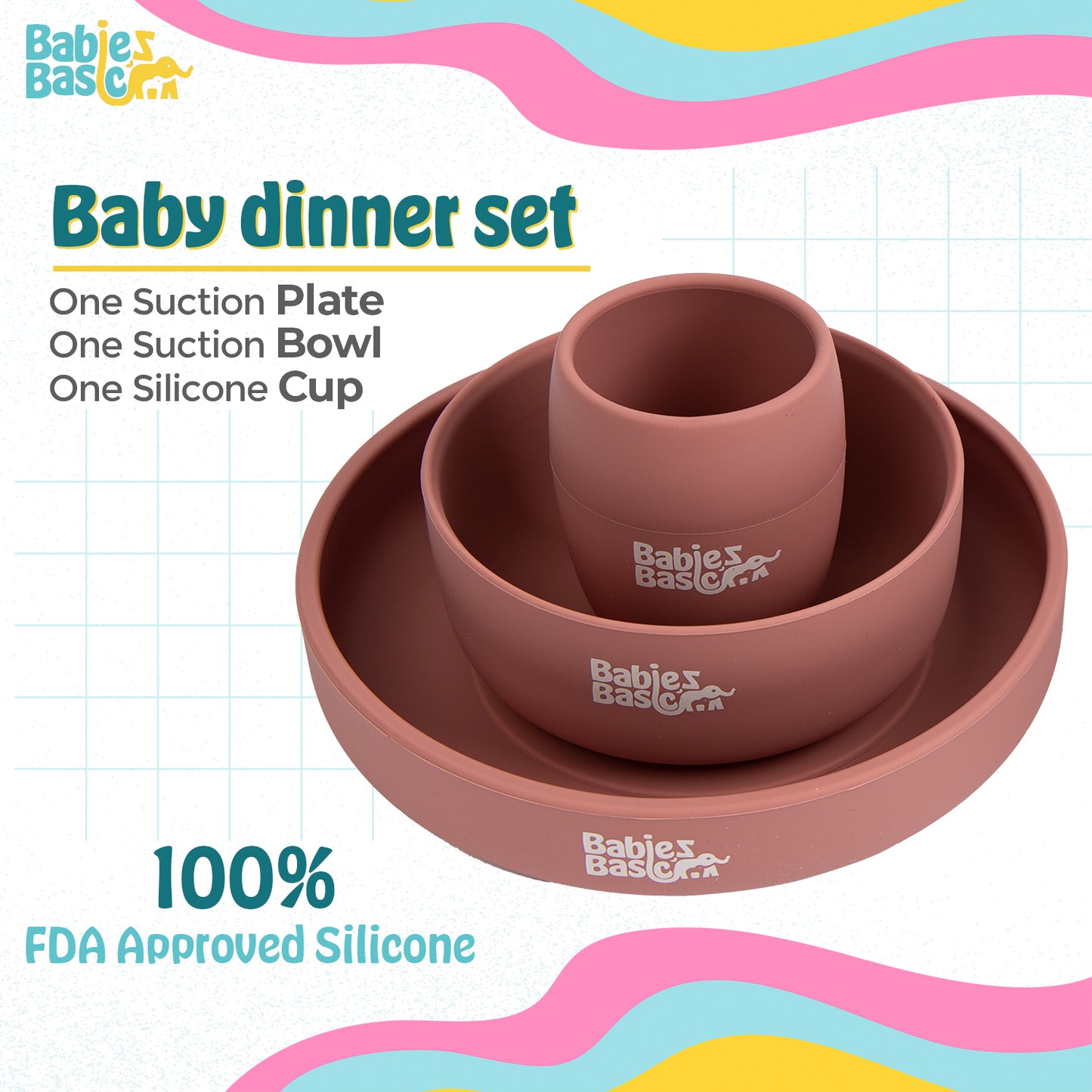 BabiesBasic 5 pc Set with silicone plate, bowl, cup and stainless steel cutlery with case - Pink