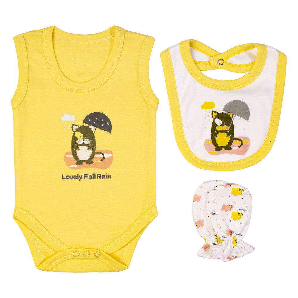 BabiesBasic 7 piece cotton Set include bib, blanket, mitten, cap, romper, top and bottom set, 6-9 Months , Yellow