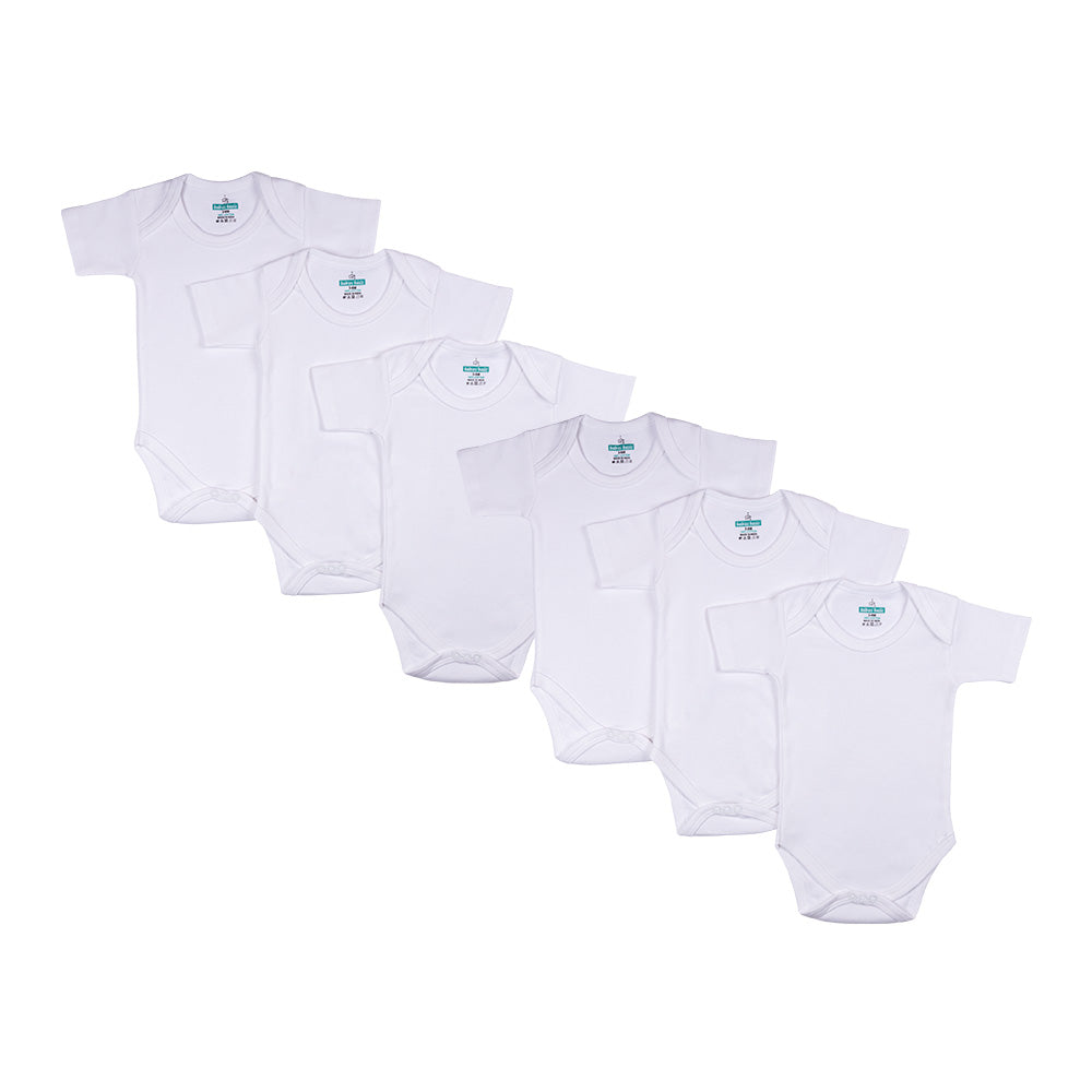 BabiesBasic 100% Super Combed Cotton, Short Sleeves Romper/Bodysuit, for New Born to 24months. Set of 6 - White, 3-6 Months