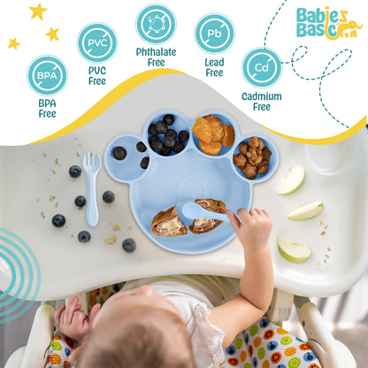 BabiesBasic Feeding Set, 3 Piece, Silicone Feeding Paw Set with Silicone Suction Plate, Spoon and Fork - Blue