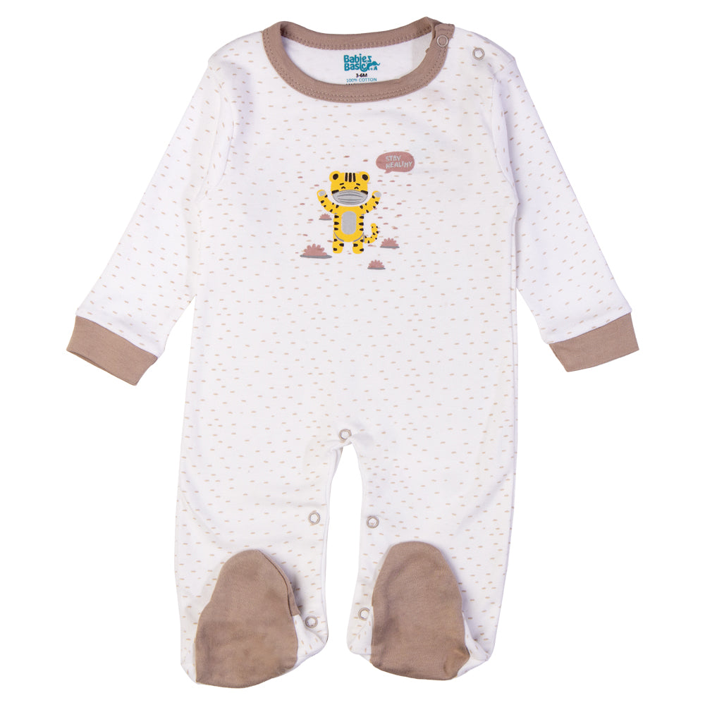 Babiesbasic 5 piece cotton Set include Bib, Romper, Mittens, cap and Sleepsuit- Stay Healthly, 9-12 Months , Grey