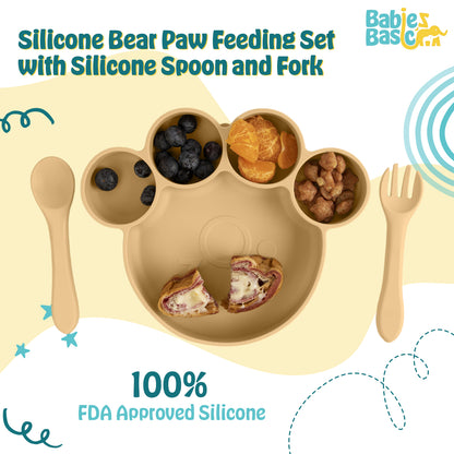 BabiesBasic Feeding Set, 3 Piece, Silicone Feeding Paw Set with Silicone Suction Plate, Spoon and Fork - Beige