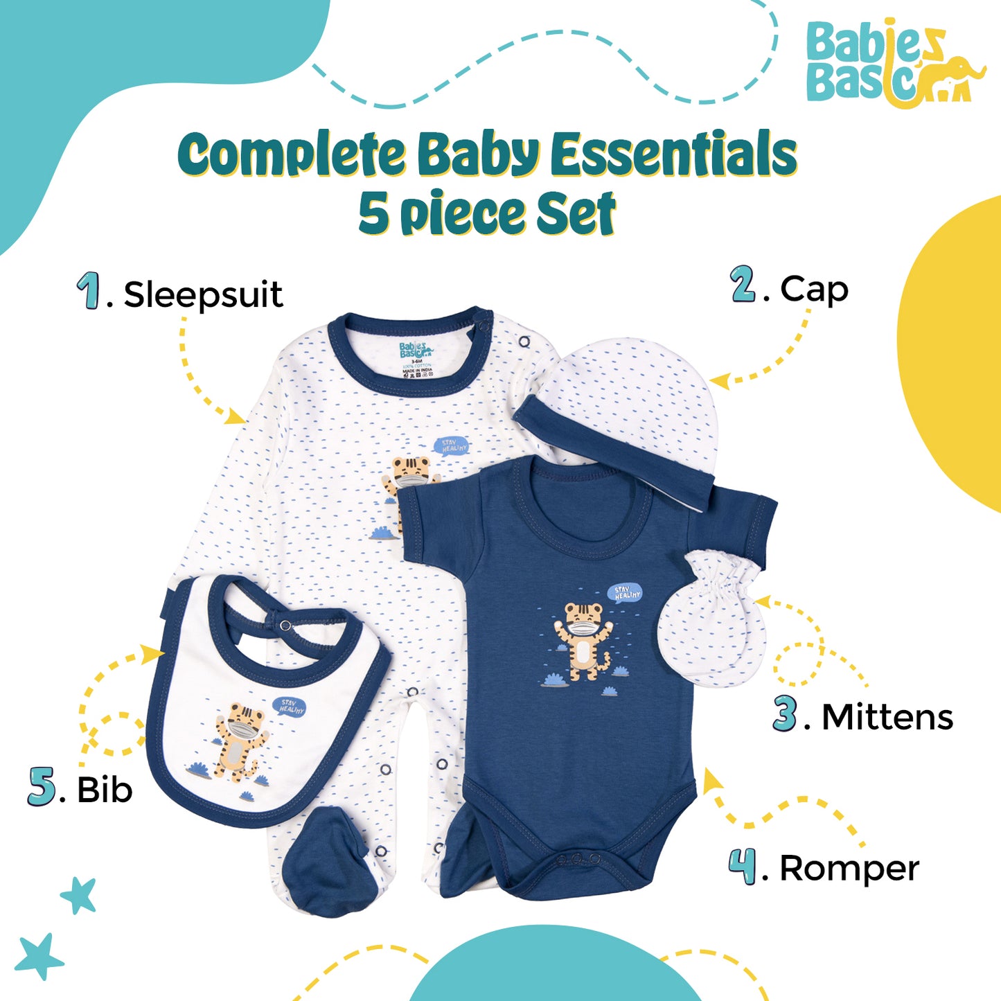 Babiesbasic 5 piece cotton Set include Bib, Romper, Mittens, cap and Sleepsuit- Stay Healthly, 9-12 Months , Blue