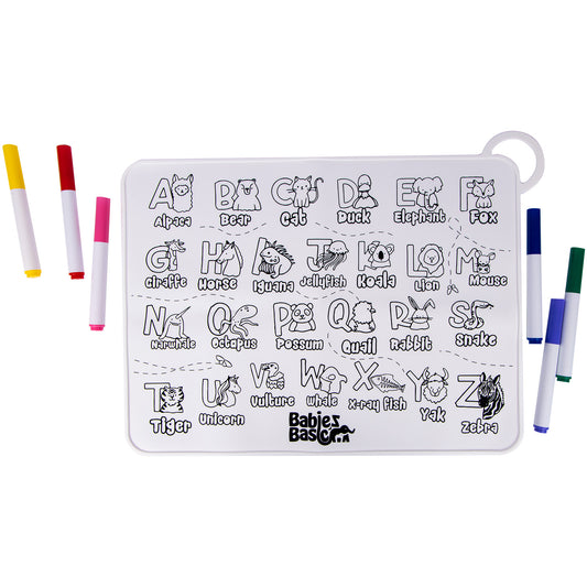 Babies Basic Reusable Silicone Colouring Mat with Pens and Travel Case - English Alphabet Design