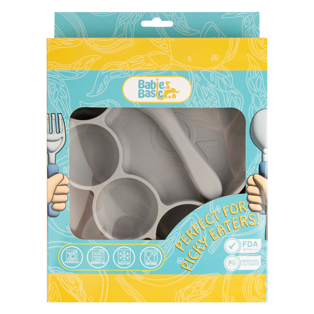 BabiesBasic Feeding Set, 3 Piece, Silicone Feeding Paw Set with Silicone Suction Plate, Spoon and Fork - Grey