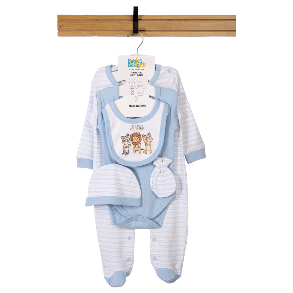 Babiesbasic 5 piece cotton Set include Bib, Romper, Mittens, cap and Sleepsuit- Life is Better, 6-9 Months , Blue