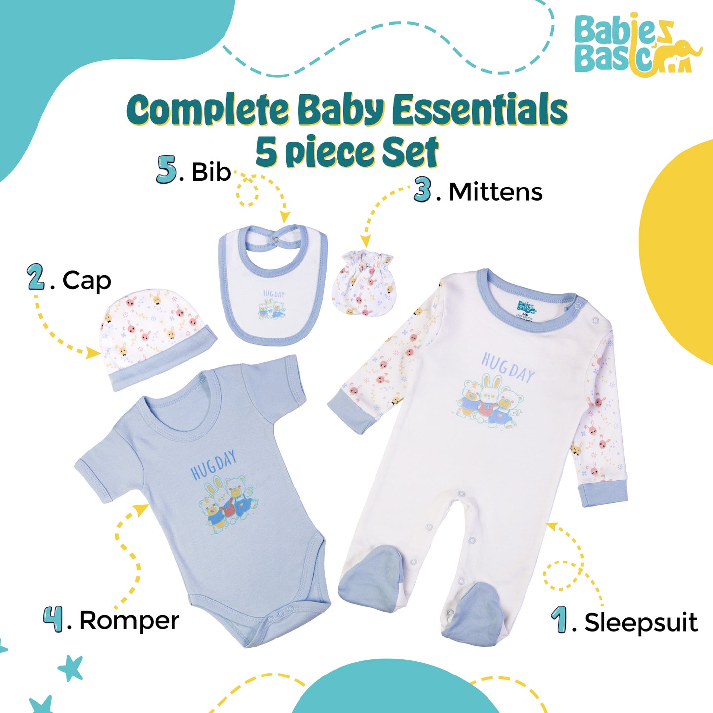 Babiesbasic 5 piece cotton Set include Bib, Romper, Mittens, cap and Sleepsuit- Hug Day, 3-6 Months , Blue