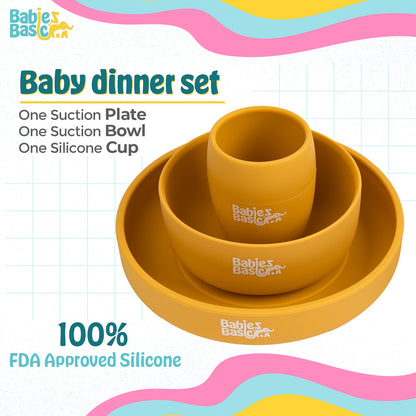 BabiesBasic 5 pc Set with silicone plate, bowl, cup and stainless steel cutlery with case - Yellow