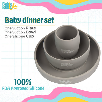 BabiesBasic 5 pc Set with silicone plate, bowl, cup and stainless steel cutlery with case - Grey