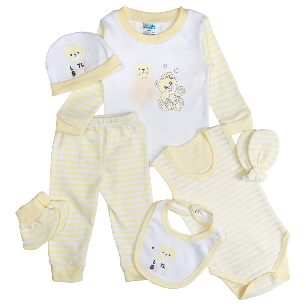 BabiesBasic 7 piece unisex 100% cotton Set include bib, socks, mitten, cap, romper, top and bottom set, 9-12 Months , Yellow