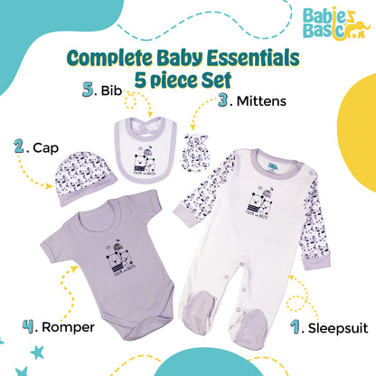 Babiesbasic 5 piece cotton Set include Bib, Romper, Mittens, cap and Sleepsuit- Rain, 9-12 Months , Purple