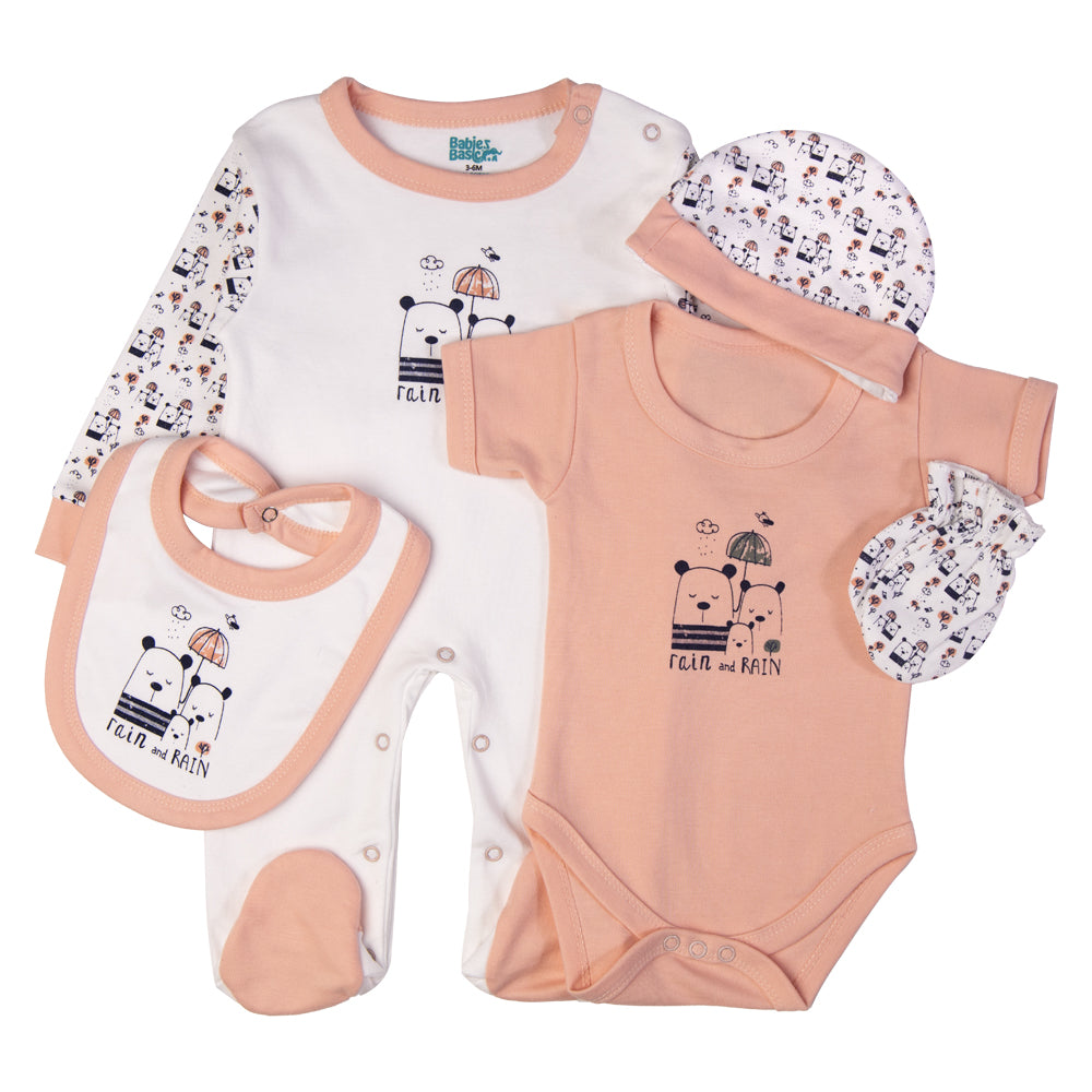 Babiesbasic 5 piece cotton Set include Bib, Romper, Mittens, cap and Sleepsuit- Rain, 9-12 Months , Pink