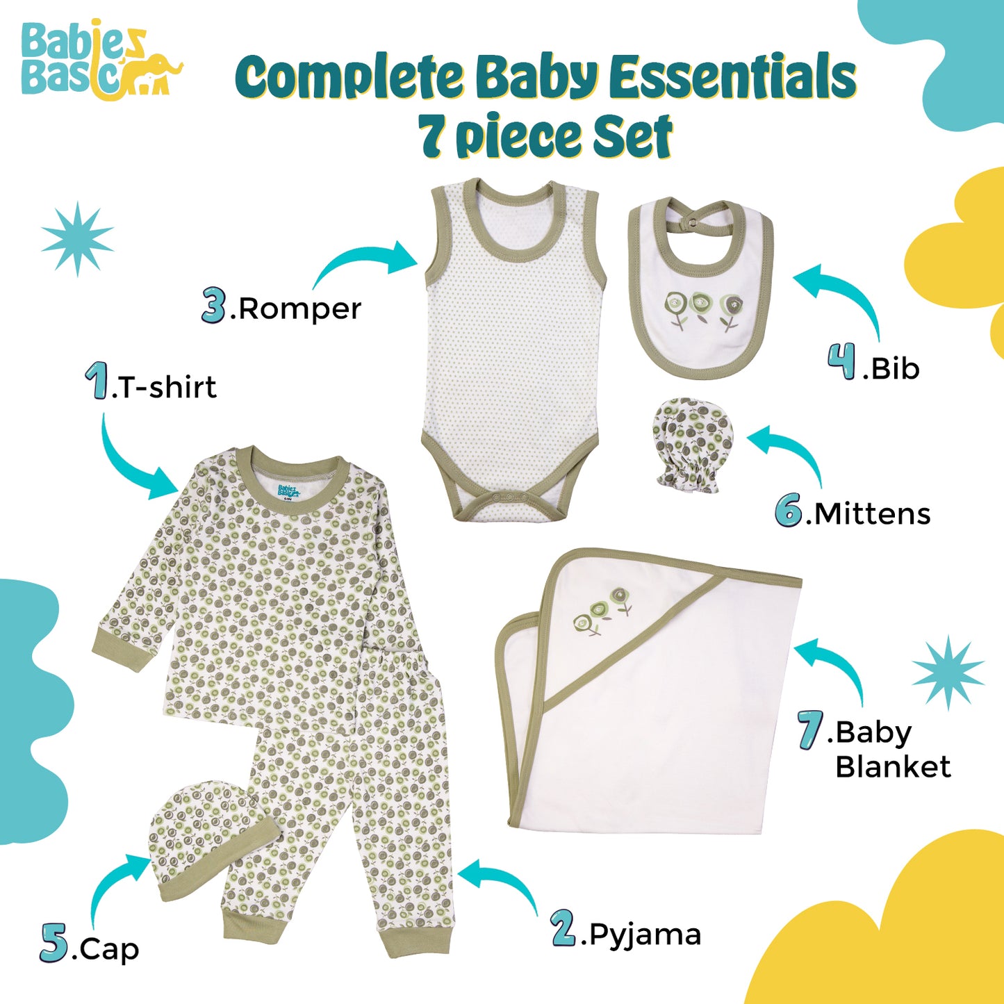 BabiesBasic 7 piece cotton Set include bib, blanket, mitten, cap, romper, top and bottom set, 9-12 Months , Green