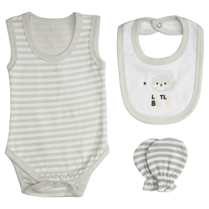 BabiesBasic 7 piece unisex 100% cotton Set include bib, socks, mitten, cap, romper, top and bottom set, 6-9 Months , Grey