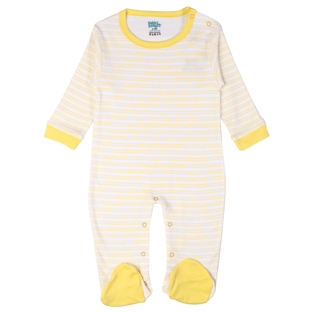 Babiesbasic 5 piece cotton Set include Bib, Romper, Mittens, cap and Sleepsuit- Life is Better, 9-12 Months , Yellow