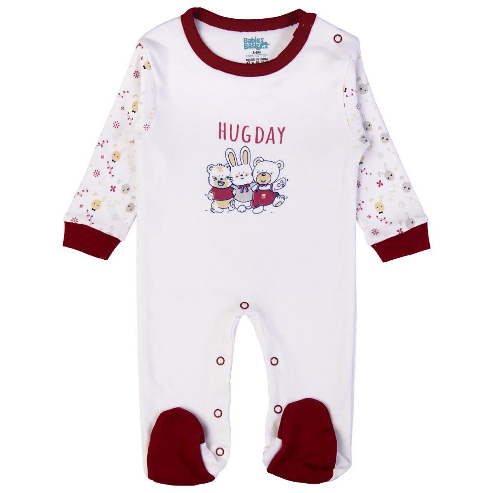 Babiesbasic 5 piece cotton Set include Bib, Romper, Mittens, cap and Sleepsuit- Hug Day, 3-6 Months , Red