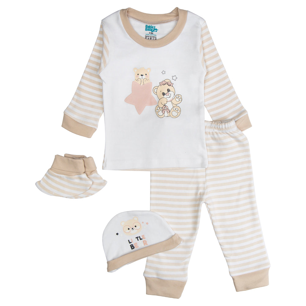 BabiesBasic 7 piece unisex 100% cotton Set include bib, socks, mitten, cap, romper, top and bottom set, 9-12 Months , Brown