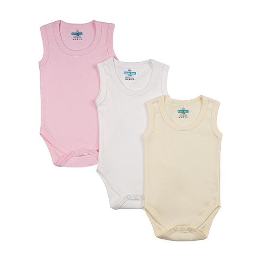 BabiesBasic 100% Super Combed Cotton, Sleeveless Romper/Bodysuit, Set of 3 - Pink, Lemon, Cream, 0-3 Months