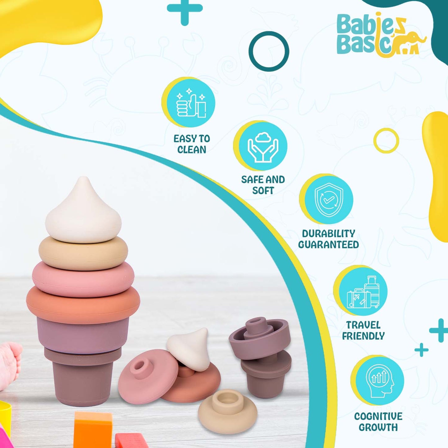 Babies Basic Silicone Stacking Toy for Babies/Kids, Ice Cream Shape, BPA Free 100% Safe - Ice Cream