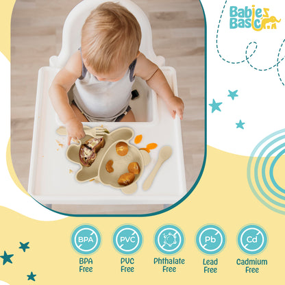 BabiesBasic Feeding Set, 3 Piece, Silicone Feeding Panda Set with Silicone Suction Plate, Spoon and Fork - Beige