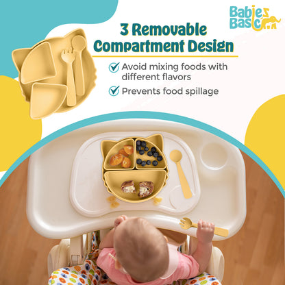 BabiesBasic Feeding Set with removable sections , 3 Piece Cat Set with Silicone Plate, Spoon and Fork - Yellow