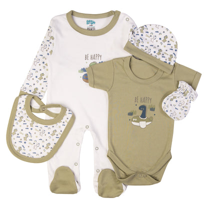 Babiesbasic 5 piece cotton Set include Bib, Romper, Mittens, cap and Sleepsuit- Be Happy, 6-9 Months , Green