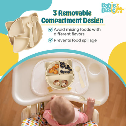 BabiesBasic Feeding Set with removable sections , 3 Piece Cat Set with Silicone Plate, Spoon and Fork - Cream