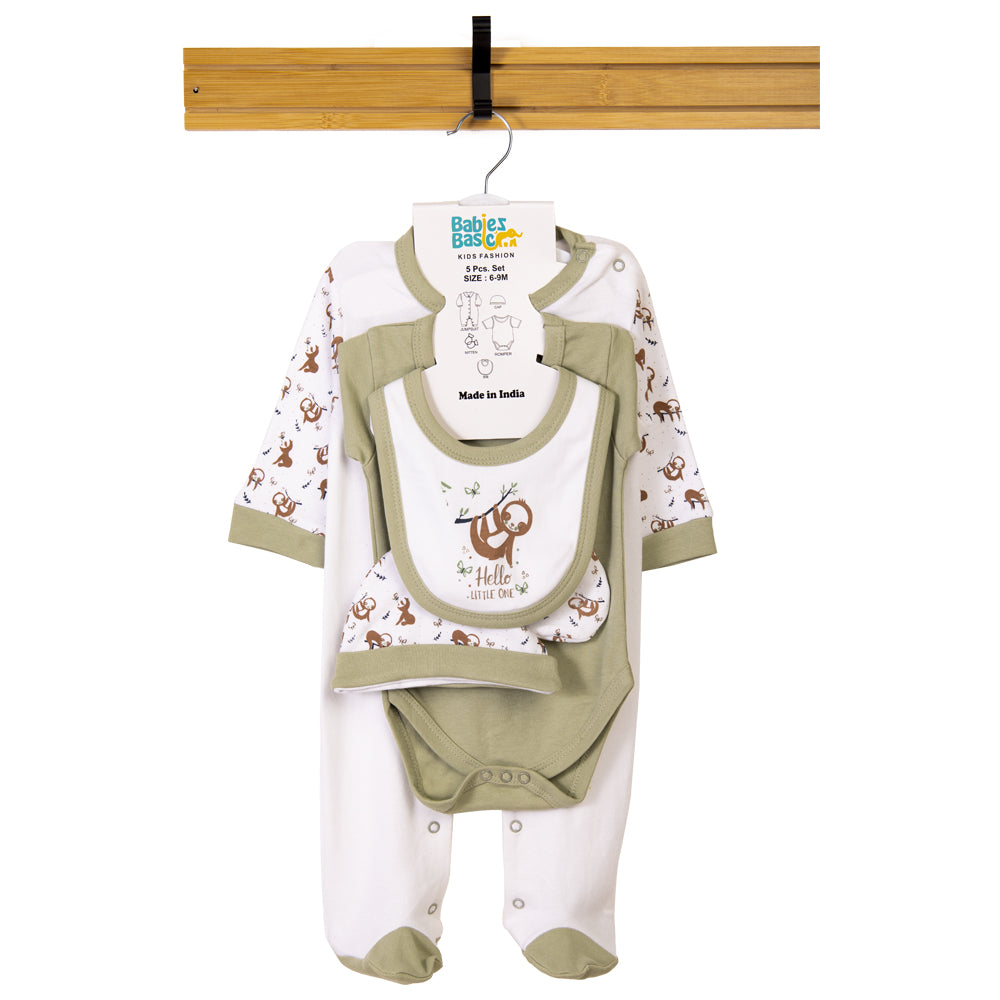 Babiesbasic 5 piece cotton Set include Bib, Romper, Mittens, cap and Sleepsuit- Hello Little One, 9-12 Months , Green