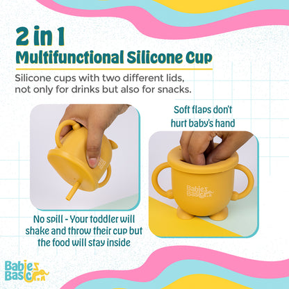 BabiesBasic Multi Purpose 2 in 1 Silicone Cup with Straw or a Snack Lid - Yellow