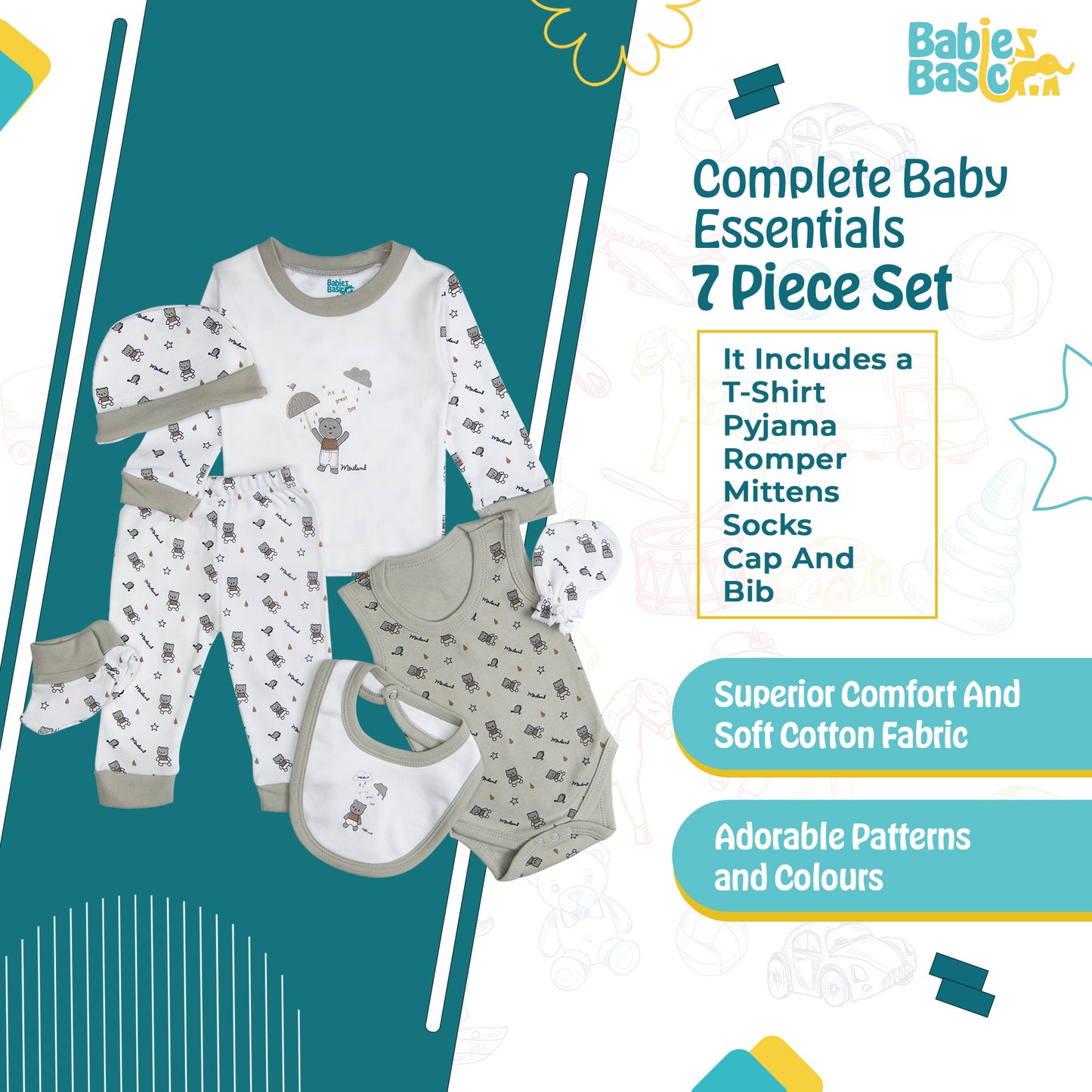 BabiesBasic 7 piece unisex 100% cotton Set include bib, socks, mitten, cap, romper, top and bottom set, 9-12 Months , Green