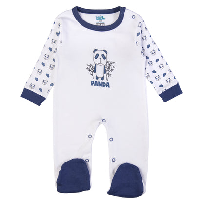 Babiesbasic 5 piece cotton Set include Bib, Romper, Mittens, cap and Sleepsuit- Sleepy Panda, 3-6 Months , Blue