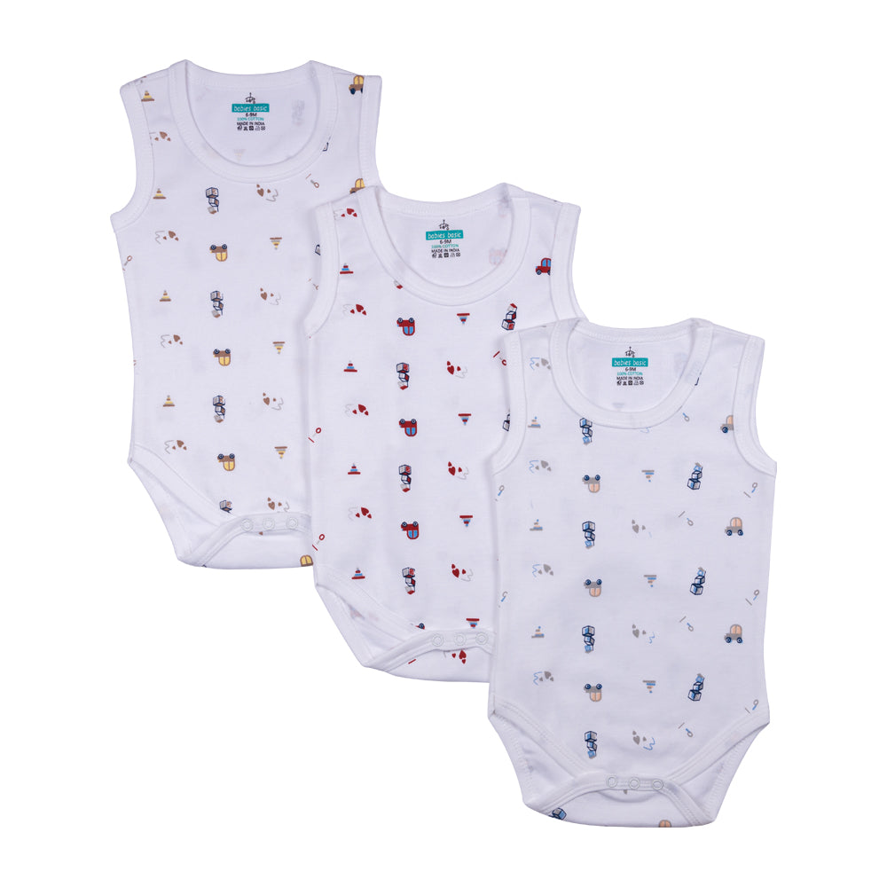 BabiesBasic 100% Super Combed Cotton, Sleeveless Romper/Bodysuit, for New Born to 24months. Set of 3 - Printed, 9-12 Months