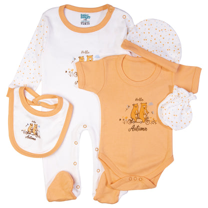 Babiesbasic 5 piece cotton Set include Bib, Romper, Mittens, cap and Sleepsuit- Hello Autumn, 3-6 Months , Pink