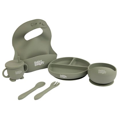 BabiesBasic Feeding Set, 6 Piece, Silicone Plate, Bowl, Bib, Spoon , Fork and  2 in 1 Cup  - Green