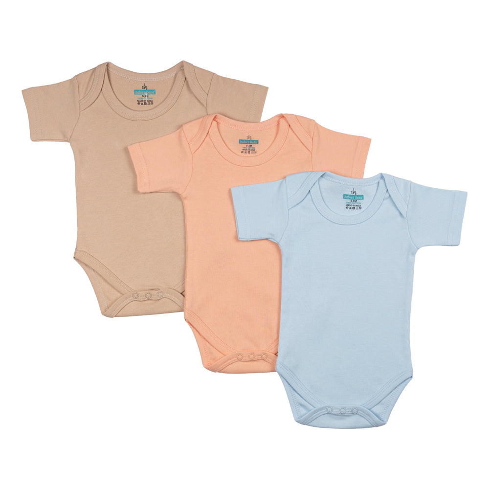 BabiesBasic 100% Super Combed Cotton, Short Sleeves Romper/Bodysuit, Set of 3 - Blue, Brown, Orange, 0-3 Months