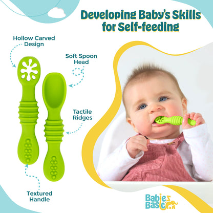 BabiesBasic Soft Tip BPA Free Silicone First Stage Training Spoon with Masher- Green